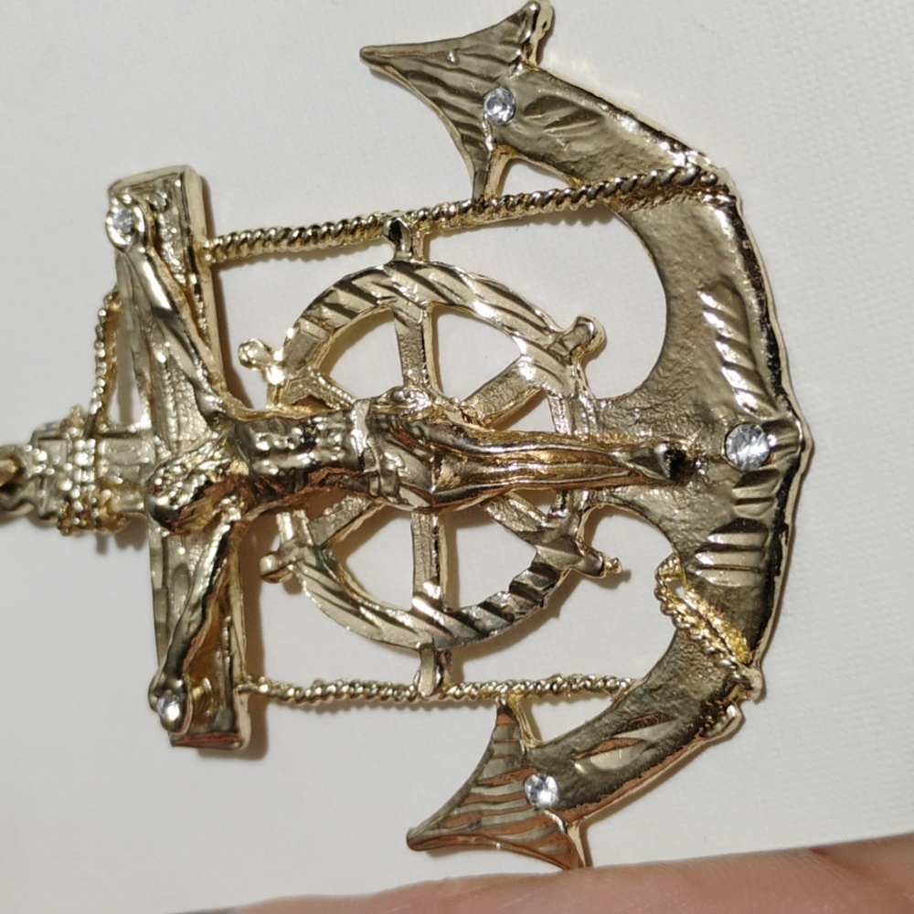 Large Jesus Christ Crucifix Mariner Anchor Pendant Medallion Rhinestones New